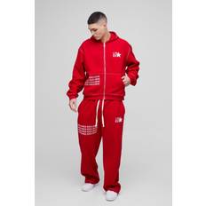 Röda Kostymer boohooMAN Mens Oversized Boxy Contrast Stitch Printed Zip Through Hooded Tracksuit - Red