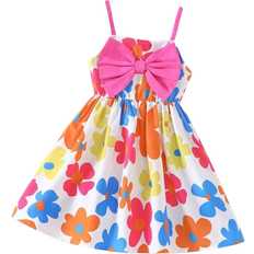 Shein Young Girl Summer Sweet And Cute Flower Print Spaghetti Strap Dress With Big Bowknot And Holiday Style