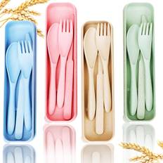 Beige Cutlery Sets Zeuxo Reusable Travel with Box 4 Sets Cutlery Set