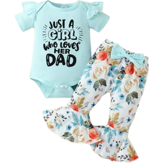 Shein Blue Alphabet Print Crop Bodysuit And Flower Print Flared Pants Baby Girl Outfit