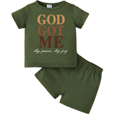 Shein Baby Boys Handsome English Printed Short Sleeve Top And Shorts Set Summer