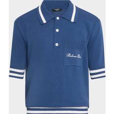 Balmain Men Polo Shirts Balmain Cotton Linen Polo Shirt With Balain Signature - Blu