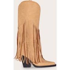 PrettyLittleThing Tan Faux Suede Point Toe Fringed Heel Knee High Western Boots - Brown