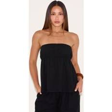 Linen Blouses PrettyLittleThing Tall Black Linen Look Peplum Bandeau Top - Black
