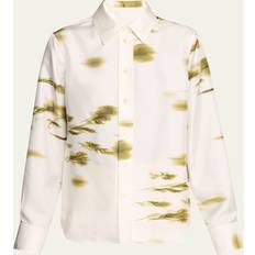 Ferragamo Tops Ferragamo Blossom Flower Silk Twill Blouse - White/Oliv