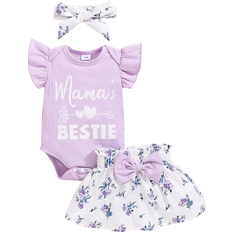Purple Other Sets Children's Clothing Shein New Arrival Baby Girl Solid Color Letter Printed Flutter Sleeve Bodysuit Flower Printed Skirt Outfit