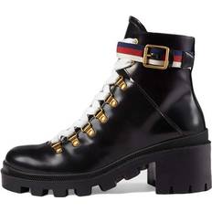 Gucci Women Boots Gucci Sylvie Series Webbing Leather Ankle Boots - Black