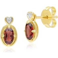 Rubiner Örhängen Gemondo Classic Oval Garnet & Diamond Heart Stud Earrings - 9ct Yellow Gold