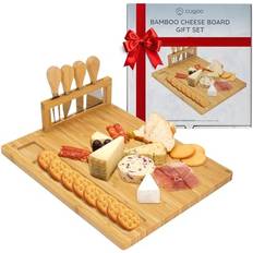 Bamboo Cheese Boards CUQOO Bamboo Gift Set with 3 Stainless Steel Knives and Fork Cheese Board