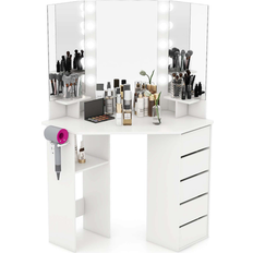 Costway Corner Vanity Desk Cosmetic Vanity Station with LED Mirror Dressing Table