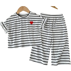 Shein Baby Girl Casual And Cute Knitted Heart Pattern Striped Ruffle ShortSleeved Top And ElasticWaist Long Pants Suit Suitable For Summer