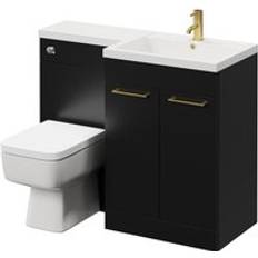 Bathroom Furniture Napoli Combination Matt Black 1100mm Vanity Unit Toilet Suite with Right Hand L Shaped 1 Tap Hole Basin and 2 Doors with Brushed Brass Handles
