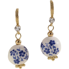 Shein pair Vintage Ceramic Blue Print Bead Earrings Copper Antique Style Blue And White Porcelain Ear Drops For Womens Daily Wear