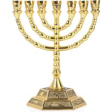 BRTAGG 7 Branch Menorah Jerusalem Temple 12 Tribes of Israel Menorah with Aaron Rod Manna Multicolour Candle Holder 12.7cm