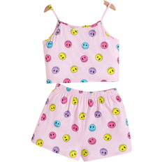 Shein Tween Girls Summer Cute Smiling Face Pattern Knitted Flame Retardant Pajamas Set With Tank Top And Shorts