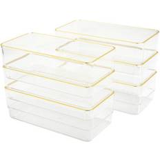 Hokku Designs Plastic Stackable Office Desk Drawer Organizers 6 x 3 in 6 Pack with Gold Trim in White