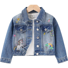 Shein Toddler Girls Wash Denim Jacket With Floral Rainbow Embroidery