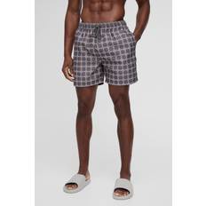 Herr - Rutiga Badkläder boohooMAN Mens Mid Length Check Swim Short - Taupe
