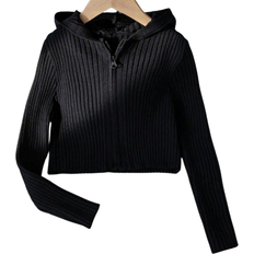 Polyamide Tops Children's Clothing Shein Tween Girls Casual Solid Color Ribbed ZipUp Hoodie