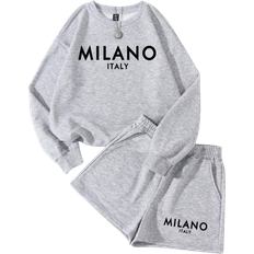 Shein MILANO Casual Letter Print Crew Neck Long Sleeve Shorts pcs Set For Women SpringAutumn