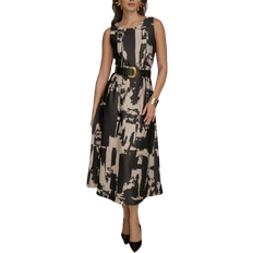 Donna Karan New York Printed Belted A-Line Dress - Black/Sand Multi