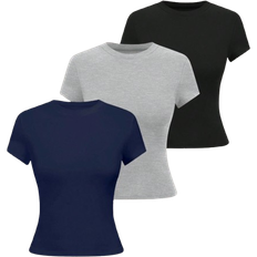 Shein Women's Round Neck Short Sleeve Solid Color Casual Simple Fitted Blouse