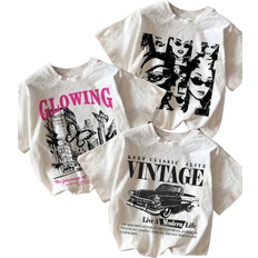 Shein pcsSet Teen Girls Casual Vintage Car Castle Butterfly Girl Print Loose Fit Round Neck Short Sleeve TShirts Suitable For Summer