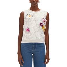 Lace-Trimmed Floral Applique Cotton Blend Top - Multicoloured