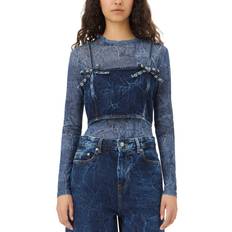 Denim Blouses Ganni Crinkled Denim Bow Strap Top - Mid Blue Stone