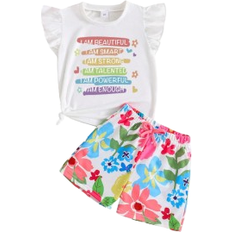Shein Young Girl's Short Sleeve Top With Letter Print & Ruffle Trim And Floral Printed Shorts