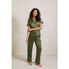 Satin Pyjamasar Chelsea Peers Satin Lace Trim Pyjama Set - Khaki