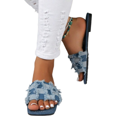 Shein Womens Light Blue Square Toe Plaid Fabric Slippers Summer Fashionable Casual Flat Sandals With Strap Suitable For Outdoor Wear