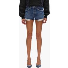 Purple Cut-Off Denim Shorts with Rhinestone Pockets - Mid Indigo