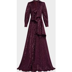 Badgley Mischka Deep V-Neck Metallic Jacquard Bow Gown - Wine