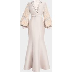 Badgley Mischka Embellished-Sleeve Mermaid Shirt Gown - Champagne