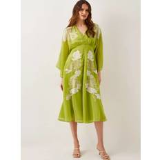 Monsoon Embroidered Floral Midi Dress - Olive Green