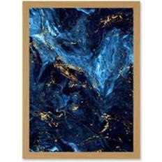 Oak Framed Art ARTERY8 Abstract Dark Blue Gold Swirl Watercolour Wall Print A4 One Size Framed Art