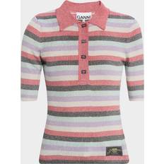 Multicoloured - Women Polo Shirts Ganni Metallic Striped Logo Polo Shirt - Multicolour