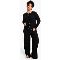 Black Sleepwear boohoo Womens Plus Rib Contrast Button Rib Top & Trouser Pj Set - Black
