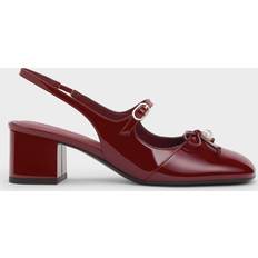 Charles & Keith Patent Bow Crystal-Pearl Slingback Mary Jane Pumps Burgundy