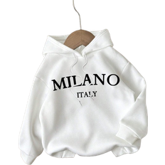 Shein Womens Casual Simple Milano Pattern White Hoodie Sweatshirt Loose Fit Thick Fleece Lining Suitable For Autumn And Winter
