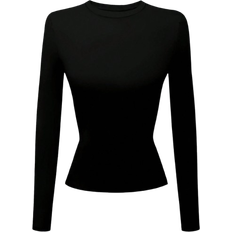Shein Women's Solid Black Crew Neck Long Sleeve Simple T-Shirt, Casual Everyday Wear