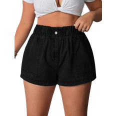 Shein Plus Elastic Waist Slanted Pocket Cuffed Denim Shorts Black 0XL,1XL,2XL,3XL,4XL