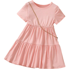 Shein Young Girl's Solid Color Round Neck Short Sleeve Dress With Ruffled Hem