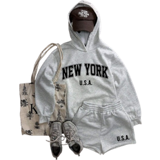 Shein pcs Vintage USA New York Graphic Print Casual Loose Fit Hoodie And Shorts Set Suitable For Autumn And Winter