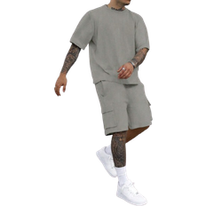 Shein Mens Summer Solid Color Round Neck Short Sleeve Casual TShirt And Drawstring Waist Utility Shorts Set