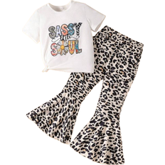 Shein pcs Young Girl Casual Slogan Flower Allover Print Short Sleeve Round Neck TShirt And Leopard Allover Print BellBottom Pants Suitable For And
