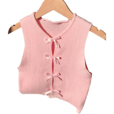 Shein Solid Color Round Neck Bow Tie - Casual Sleeveless