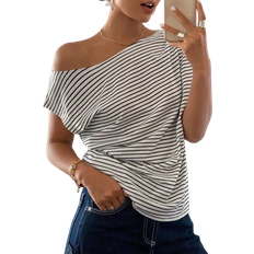 Shein Hvid Overdele Shein Striped Open Shoulder Ruched Fitted Short Sleeve Women's T-Shirt