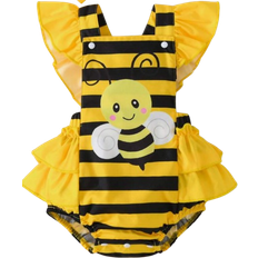 Fjärilsärm Bodys Barnkläder Shein Baby Girl Striped Bodysuit With Bee & Insect Print, Back Cross Straps & Ruffled Hem, With Headband For & Summer